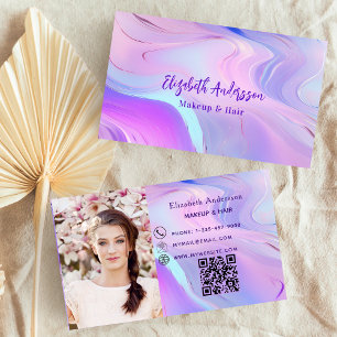 Cartão De Visita Código qr de fotografia holográfica roxa rosa