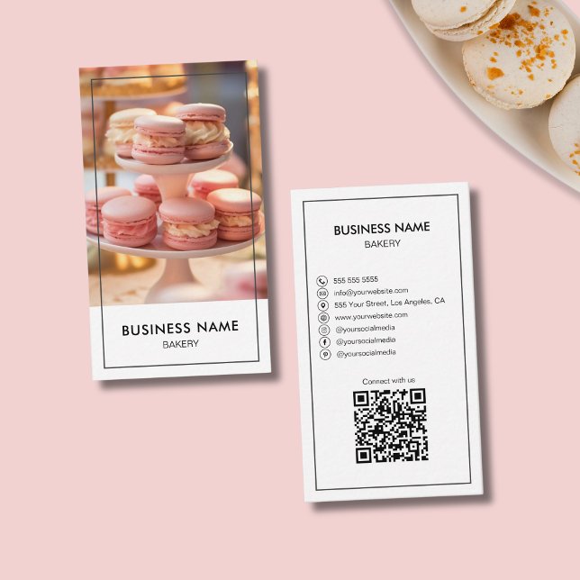 Cartão De Visita Código QR de Fotografia Personalizada de Compras M (Modern Bakery Custom Photo QR Code Business Card)