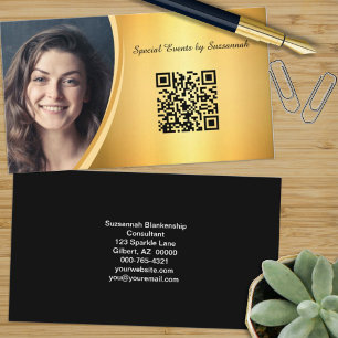 Cartão De Visita Código QR de Fotografia Personalizada Dourada com 