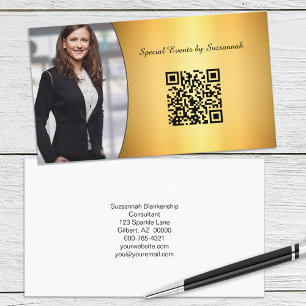 Cartão De Visita Código QR de Fotografia Personalizada Dourada Fla