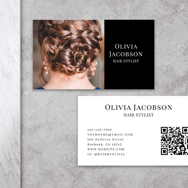 Cartão De Visita Código QR de Fotografia Stylist para o Cabelo Mode (Criador carregado)