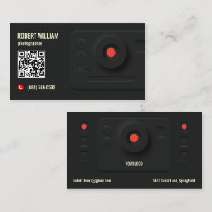 Cartão De Visita Código QR de Fotógrafo Moderno Preto Design Mini