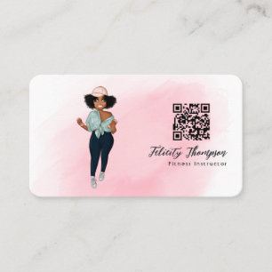 Cartão De Visita Código QR de garota instrutora de fitness afro fas