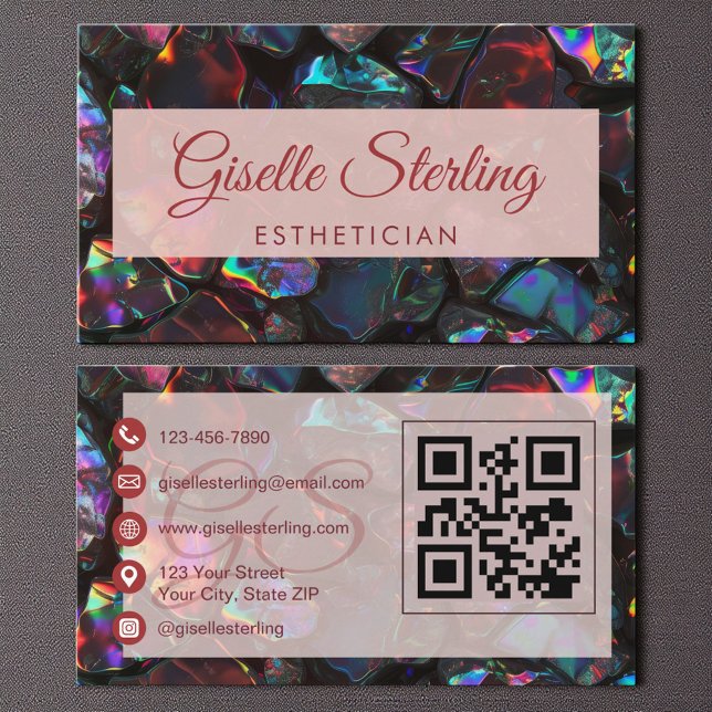 Cartão De Visita Código QR de Gemstone Opal Estheticista Negro (Criador carregado)