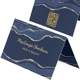 Cartão De Visita Código QR de Geode Gold Marble Geode Azul Naval