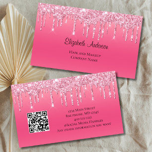 Cartão De Visita Código QR de glitter pingando rosa Salão de Cabelo