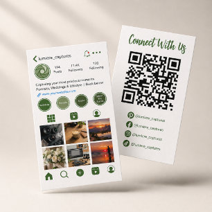 Cartão De Visita Código QR de Grade de Fotos de Mídia Social Verde 