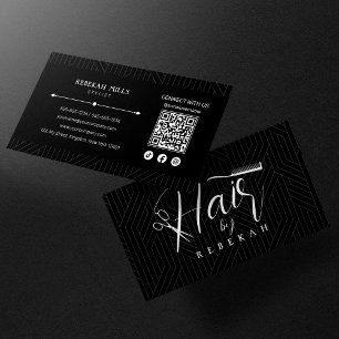 Cartão De Visita Código QR de Hairstylist com Padrão Preto e Branco