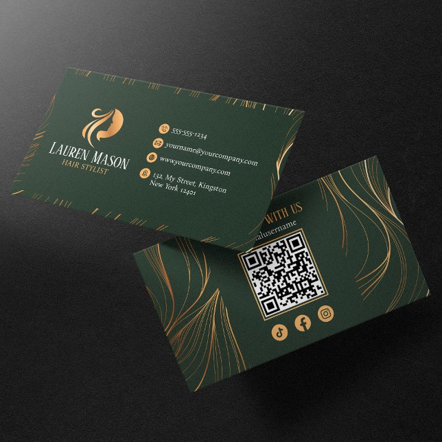 Cartão De Visita Código QR de HairStylist Dourada Verde Elegante Mi (Criador carregado)