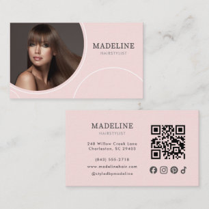 Cartão De Visita Código QR de Ícone Social Rosa Bege Foto Cabeleire