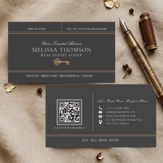 Cartão De Visita Código QR de Imóveis de Luxo Preto Elegante