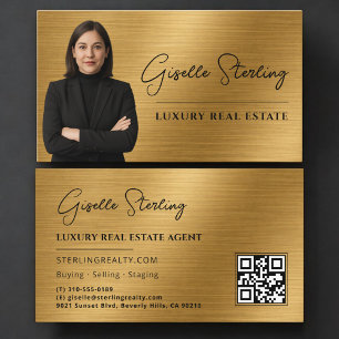 Cartão De Visita Código QR de imóveis Foto Dourado Metálico