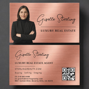 Cartão De Visita Código QR de imóvel Foto em Metalizado Rosa Dourad