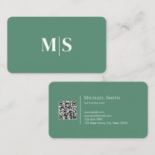 Cartão De Visita Código QR de iniciais minimalista elegante verde-t