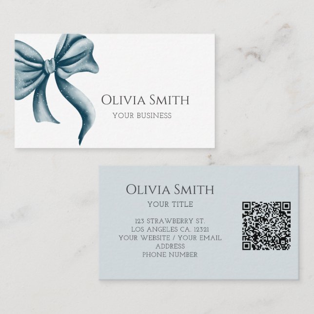 Cartão De Visita Código QR de Laço Azul Simples e Elegante (Frente/Verso)