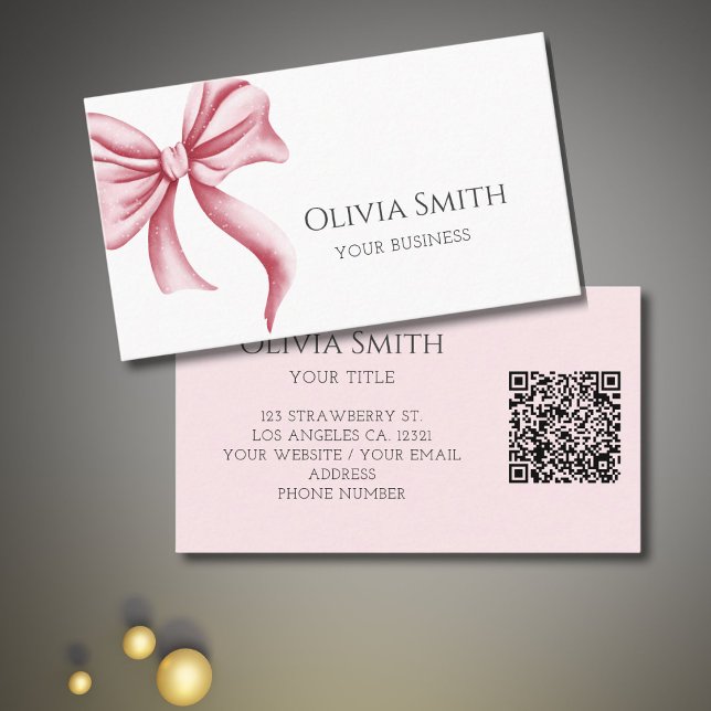 Cartão De Visita Código QR de Laço Rosa Simples e Elegante (Criador carregado)