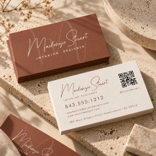 Cartão De Visita Código QR de Letra Moderna Elegante Terracota