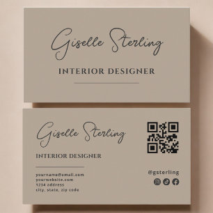 Cartão De Visita Código QR de Letra Neutra Bege para Designer de In