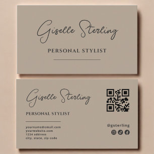 Cartão De Visita Código QR de Letra Neutro Bege para Estilista Pess
