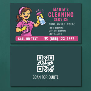 Cartão De Visita Código QR de Limpeza de Casa Verde Teal Rosa