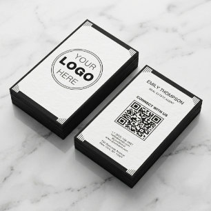 Cartão De Visita Código QR de Logotipo Art Déco Preto e Branco Mini