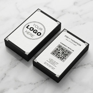 Cartão De Visita Código QR de Logotipo Art Déco Preto e Branco Mini