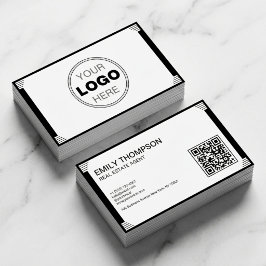 Cartão De Visita Código QR de Logotipo Art Déco Preto e Branco Mini