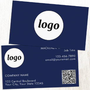 Cartão De Visita Código QR de Logotipo e Texto Simples Azul Marinho