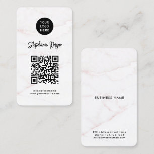 Cartão De Visita Código &QR de logotipo   Marble Dourado Rosa Branc