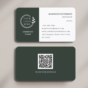 Cartão De Visita Código QR de Logotipo Minimalista Verde Escuro