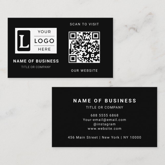Cartão De Visita Código QR de Logotipo Personalizado Preto Minimali (Frente/Verso)