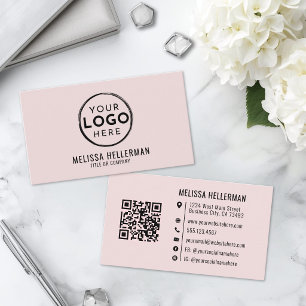Cartão De Visita Código QR de Logotipo Profissional Rosa Corado