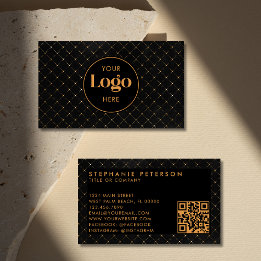 Cartão De Visita Código QR de Luxo Preto e Dourado com Logotipo Per