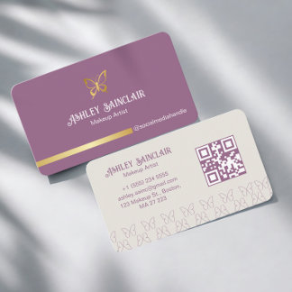 Cartão De Visita Código QR de Maquiadora Borboleta Dourada Roxa Fem