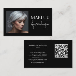 Cartão De Visita Código QR de Maquiagem de Foto de Letra Preta Eleg