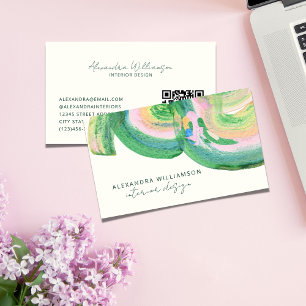 Cartão De Visita Código QR de Mármore em Aquarela Verde Abstrato Ar