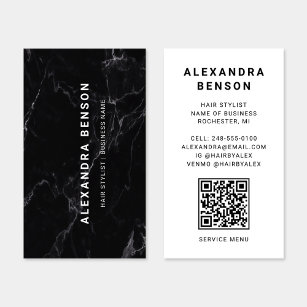 Cartão De Visita Código QR de mármore preto e branco moderno