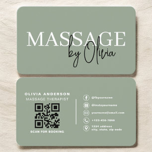 Cartão De Visita Código QR de Massagem Minimalista em Verde Sage Sp