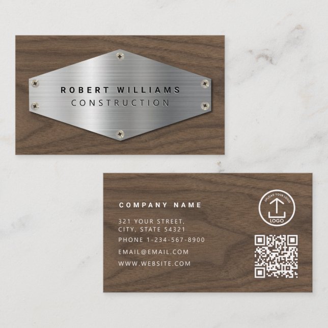 Cartão De Visita Código QR de Metal de Construção Metálico Prata Ma (Frente/Verso)