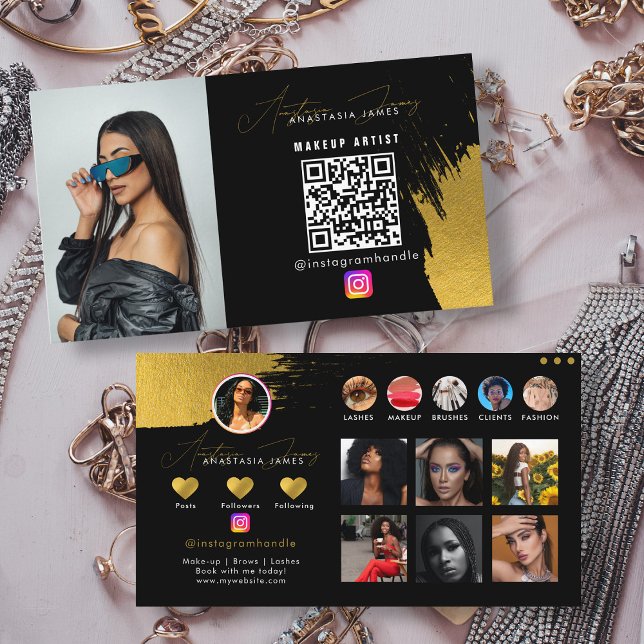 Cartão De Visita Código QR de mídia social Dourada e negra (Influencer Black & Gold Social Media QR Code Business Card)