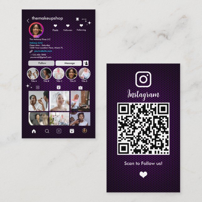 Cartão De Visita Código QR de Mídia Social em Mel hexagonal Roxo do (Frente/Verso)