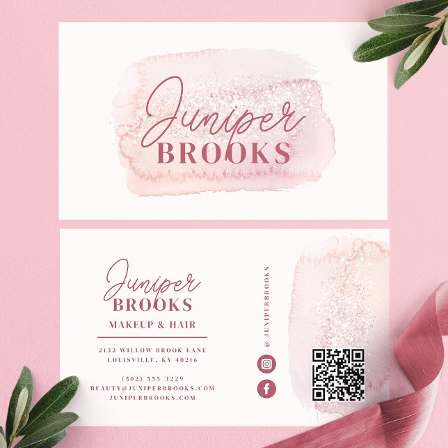Cartão De Visita Código QR de Mídia Social Glitter Rosa Malva (Criador carregado)