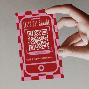 Cartão De Visita Código QR de Mídia Social Retro Groovy Vermelho e 