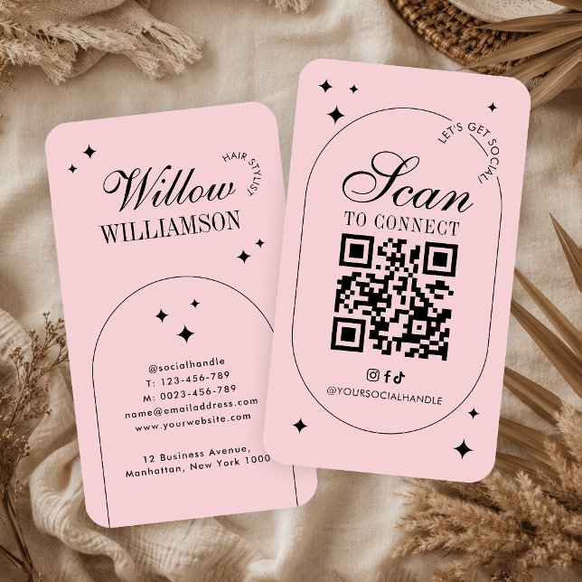 Cartão De Visita Código QR de Mídia Social Rosa Vintage Script Tend (Criador carregado)