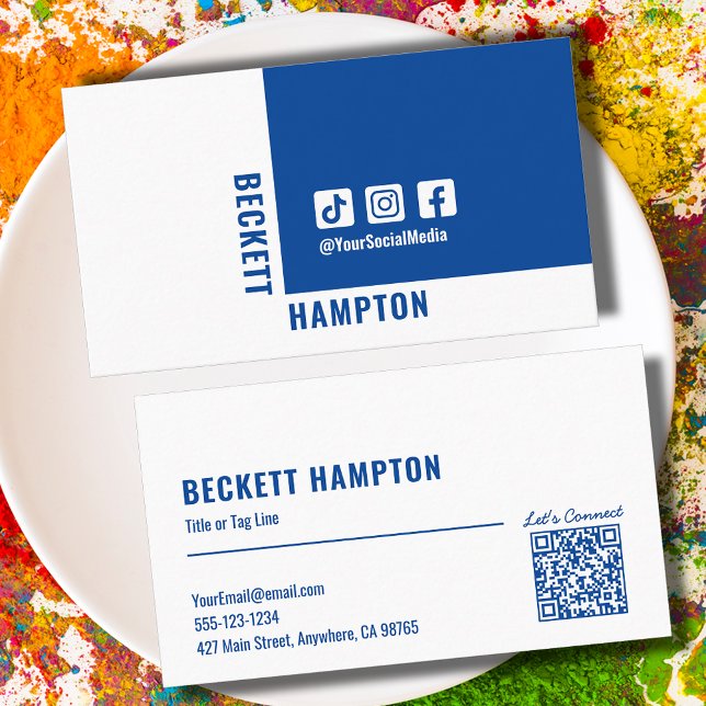 Cartão De Visita Código QR de mídia social simples azul (Criador carregado)