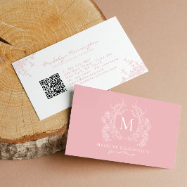 Cartão De Visita Código QR de Monograma com Crista Floral Rosa Blus