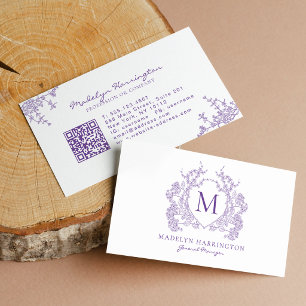 Cartão De Visita Código QR de Monograma com Crista Floral Violeta C