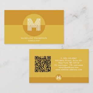 Cartão De Visita Código QR de Monograma Geométrico Amarelo Mostarda