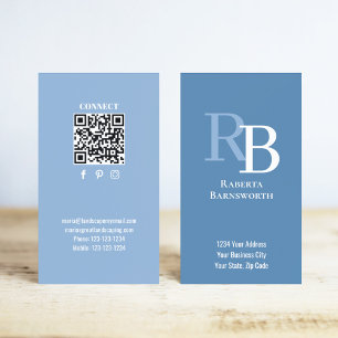 Cartão De Visita Código QR de Monograma Simples Azul Conecte-se C