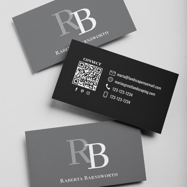 Cartão De Visita Código QR de Monograma Simples Cinza | Conecte-se  (Grey and black business card template. With a scannable QR code.)
